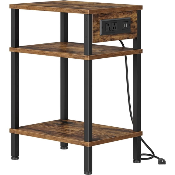 EP Side Table with Charging Station, End Tables Living Room, 21.7 Inch Skinny Night Stand with Storage, Small Bedside Tables for Bedroom, Office, Dorm, Hallway, Rustic Brown