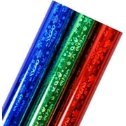 EP Christmas Holographic Foil Wrapping Paper - Mini Roll - Snowflake Blocks/Reindeer and Bell/Snowflake Silver Print for Christmas, Holiday, Party - 17 x 120 inches - 3 Rolls (42.5 sq.ft.ttl.)
