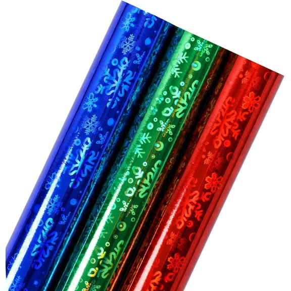 EP Snowflake Holographic Wrapping Paper - Mini Roll - Red/Blue/Green Rainbow Colors for Christmas, Birthday, Holiday, Baby Shower Packing - 17 x 120 inches - 3 Rolls (42.5 sq.ft.ttl.)
