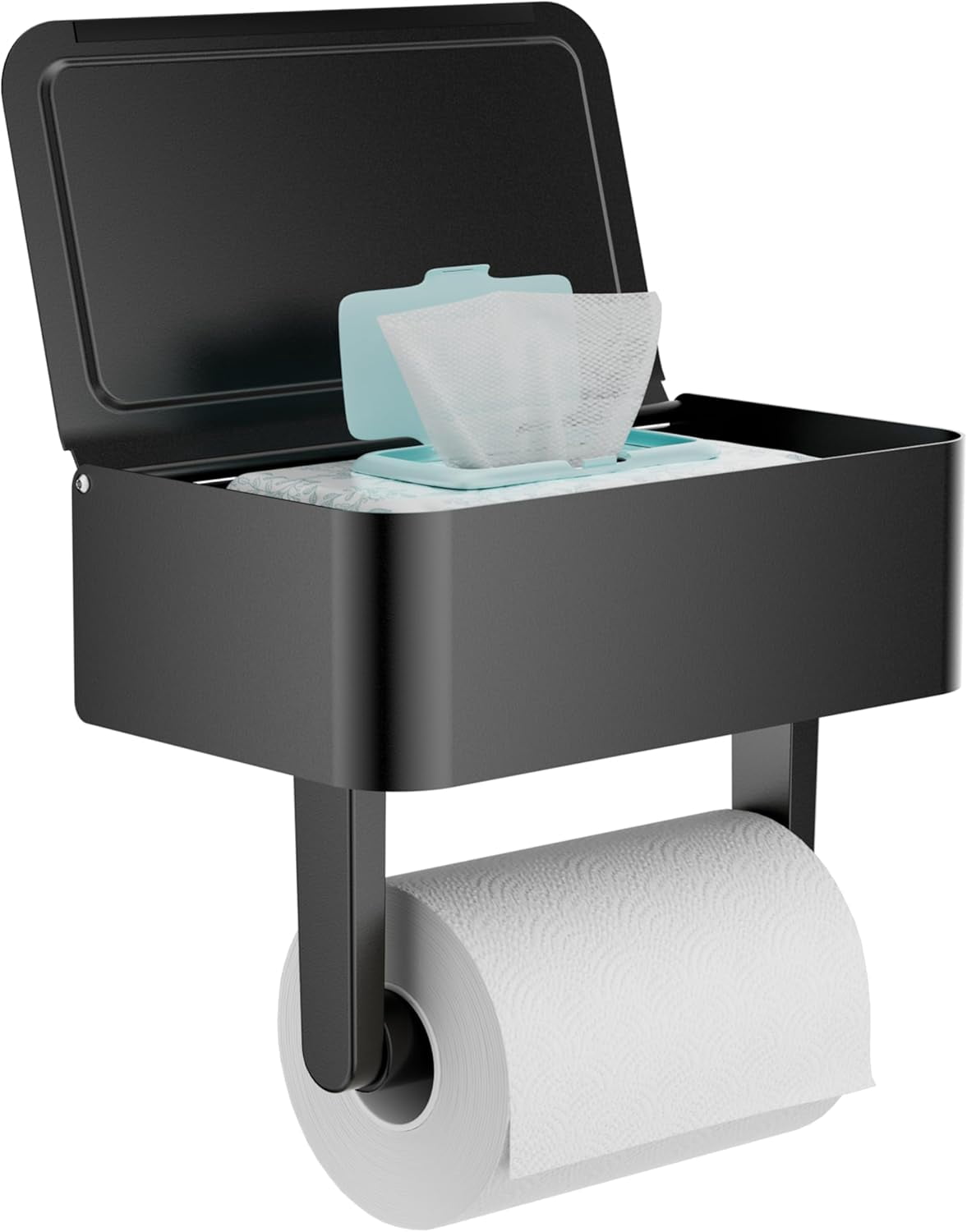 EP Toilet Paper Holder with Shelf - Flushable Wipes Dispenser & Storage Fits Any Bathroom, Keep Your Wet Wipes Hidden - Stainless Steel Wall Mount Bathroom Organizer -（Matte Black, Regular roll）