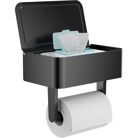 EP Toilet Paper Holder with Shelf - Flushable Wipes Dispenser & Storage Fits Any Bathroom, Keep Your Wet Wipes Hidden - Stainless Steel Wall Mount Bathroom Organizer -(Matte Black, Regular roll)