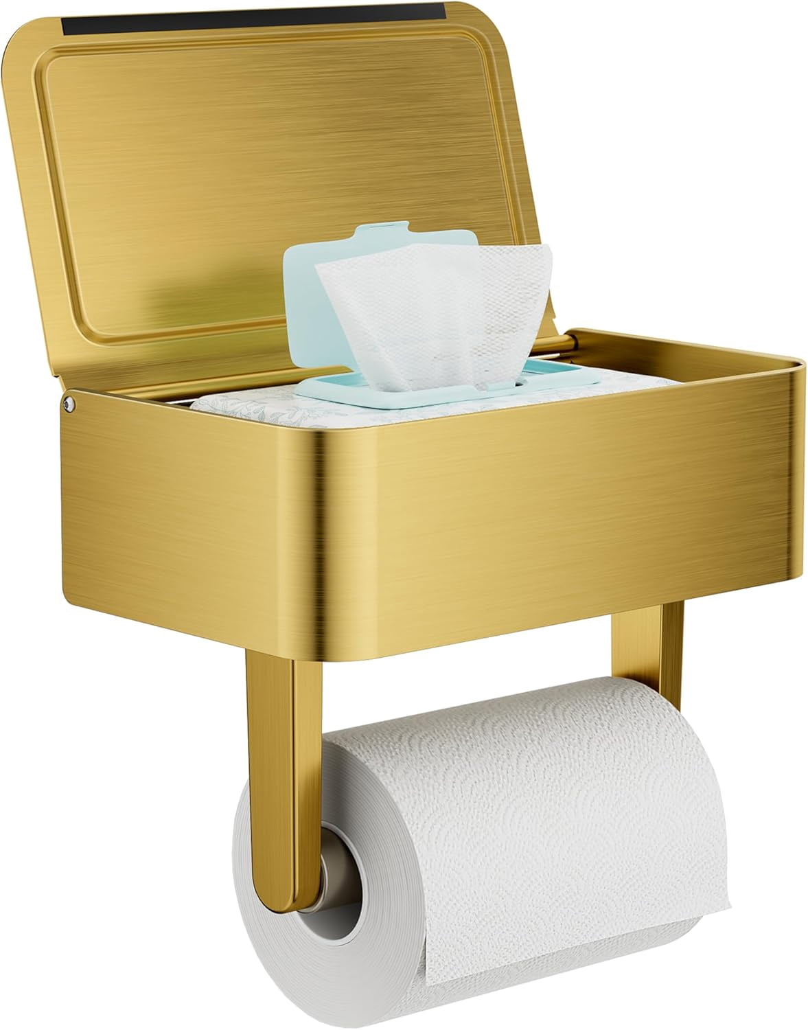 EP Toilet Paper Holder with Shelf, Wipes Holder for Bathroom, Flushable Wipes Dispenser, Stainless Steel Toilet Paper Roll Holder with Storage for Wet Wipes Wall Mounted (Gold, Regular Roll)