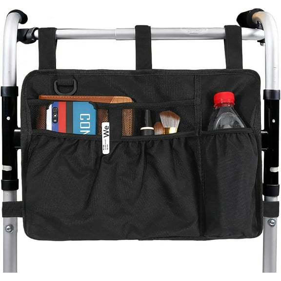 EP Walker Bag Basket with Cup Holder Suit for Adult Folding Walkers Rollator Organizer Carry Storage Pouch Water-Resistant Armrest Accessories for Seniors, Elderly, Handicap (black)