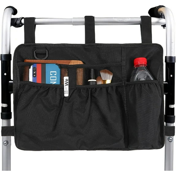 EP Walker Bag Basket with Cup Holder Suit for Adult Folding Walkers Rollator Organizer Carry Storage Pouch Water-Resistant Armrest Accessories for Seniors, Elderly, Handicap (black)