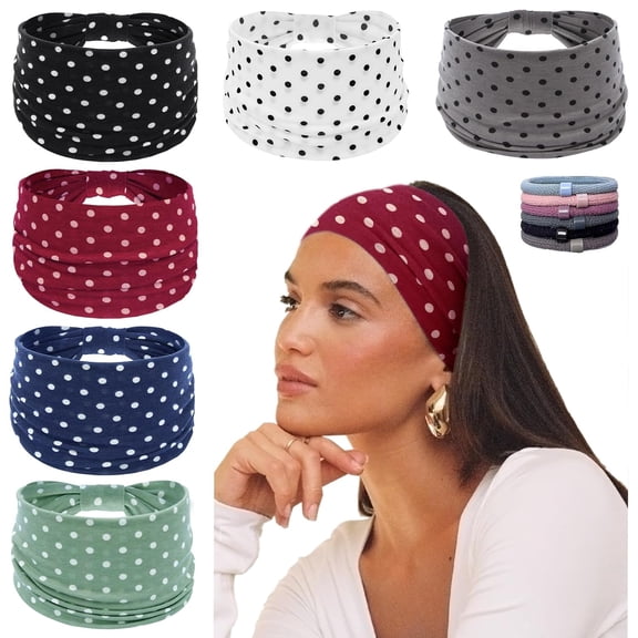 EP Wide Headbands for Women Non Slip 6 Pack Soft Elastic Hair Bands Sports Yoga Running Gym Workout Knotted Head Wraps, Cotton Cloth African Turbans Solid Color Bandana-With 6 Pcs Hair Ties