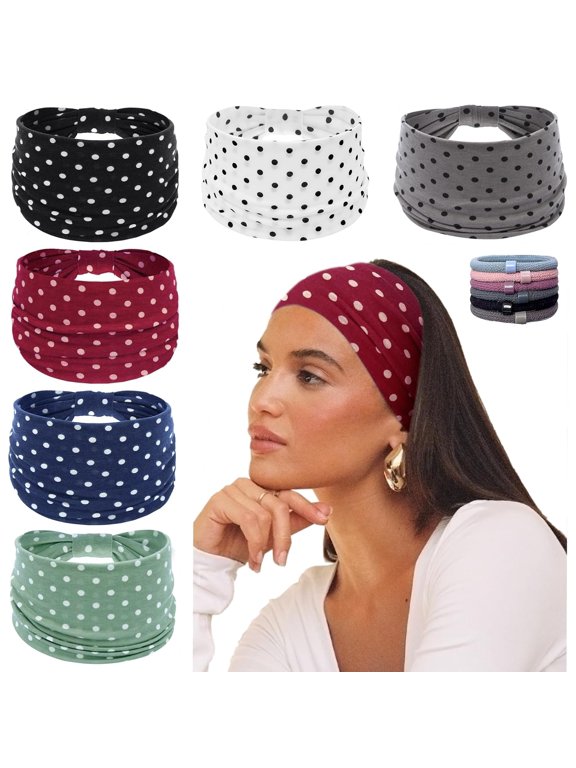 EP Wide Headbands for Women Non Slip 6 Pack Soft Elastic Hair Bands Sports Yoga Running Gym Workout Knotted Head Wraps, Cotton Cloth African Turbans Solid Color Bandana-With 6 Pcs Hair Ties