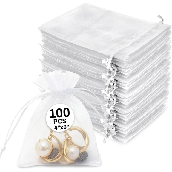 EP100PCS Organza Bags 4"x6" - Small Organza Sachet Jewelry Gift Favor Bags Drawstring Mesh Bags Gifts Valentines Wedding Eid Mubarak Halloween Eve Christmas New Year Party Candy Fruit Wrap Bulk White