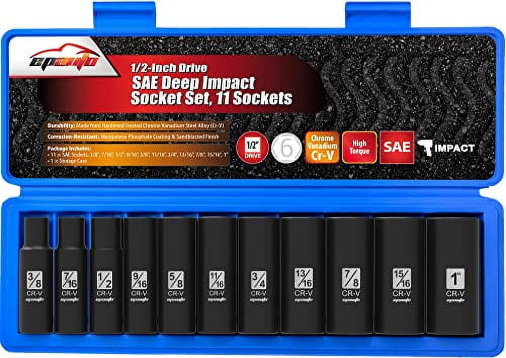 EPAuto 1/2Inch Drive SAE Deep Impact Socket Set, CrV, 6 Points, 11