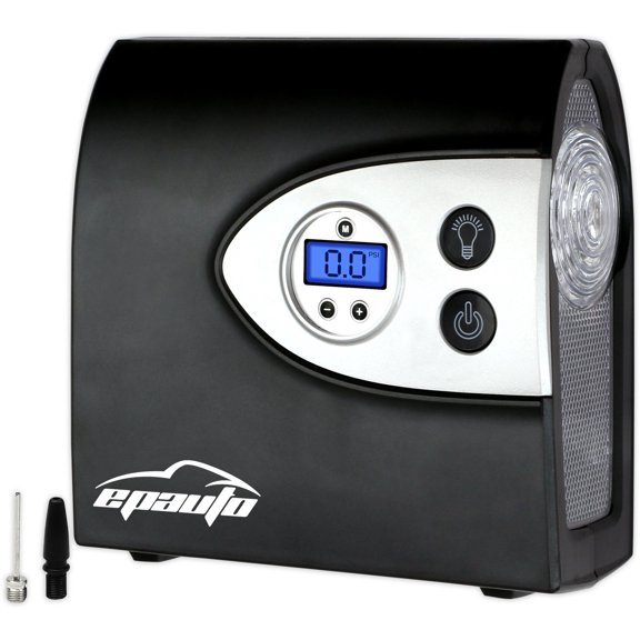 EPAuto 12V DC Auto Portable Air Compressor Pump w/Digital Tire Inflator and Preset Pressure Shut Off Gauge, LED Flashlight for Compact/Midsize Sedan SUV