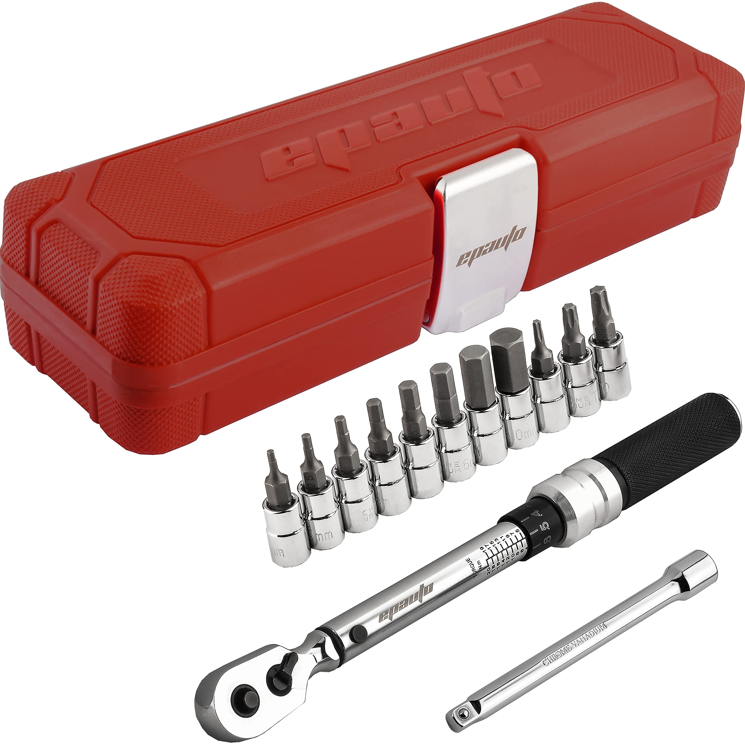 EPAuto Bike Tool 1/4 Inch Drive Click Torque Wrench Set (2 to 20 Nm),  Hex/Torx Bit Socket Extension Bar Bicycle Maintenance Kit