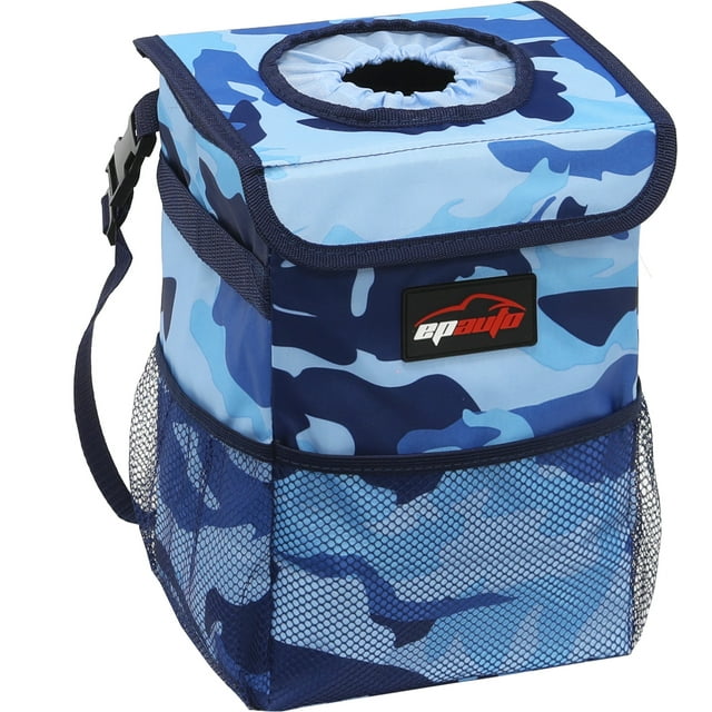 EPAuto Waterproof Car Trash Can with Lid and Pocket, Camouflage Blue