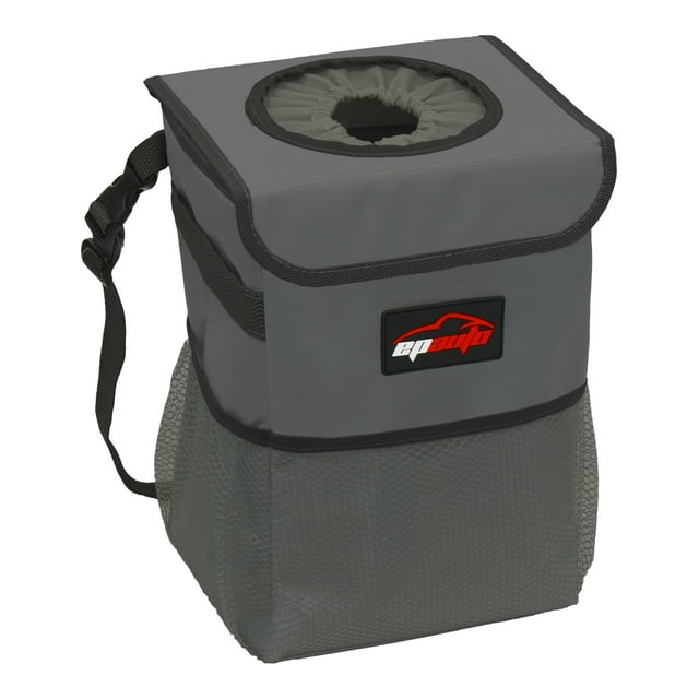 EPAuto Waterproof Car Trash Can with Lid and Storage Pockets, Dark Grey