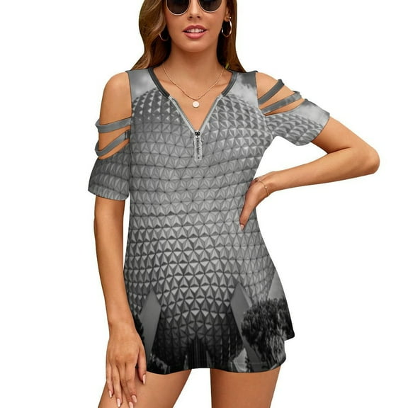 EPCOT Ball Black And White Womens Summer V Neck Zipper Top Short Sleeve T Shirt Off Shoulder Top Casual Classy Loose Shirts