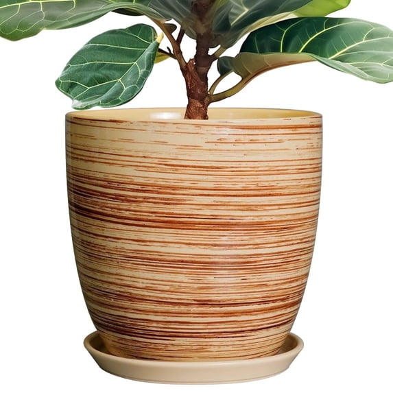 12 inch Ceramic Planter,Large Round with Drainage Saucer,Modern Textured Flower Pot for Indoor Outdoor Trees & Plants, Glossy Yellow-Coil