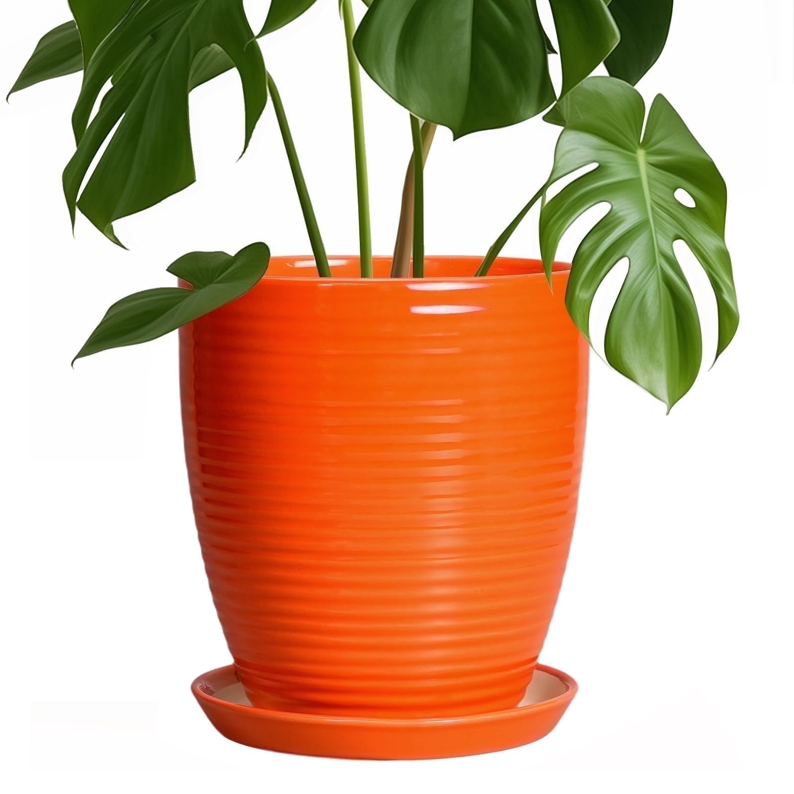 Ceramic Planter 8 inch, Round Flower Pot with Saucer, Modern Succulent Pot for Indoor Outdoor Use, for Thanksgiving & Fall Decor, Orange