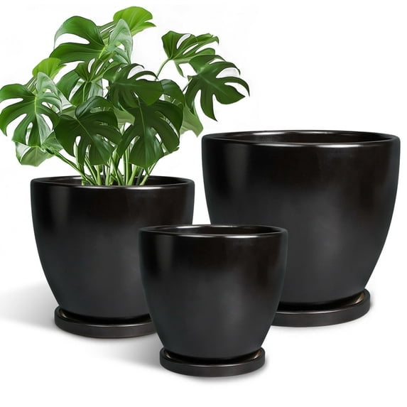 Modern Pots for Plants,Set of 3 for Indoor Plants,6/8/10 inch Ceramic Planter with Drainage for Snake Plants & Flowers Living Room Decor Matte Black