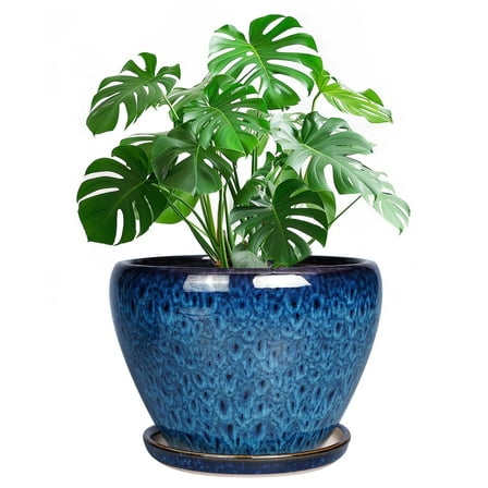 6 inch Ceramic Planter - Modern Flower Pot with Drainage Hole Saucer,Round Pots for Indoor Herbs,Succulents Home Decor Accent Blue Reactive Glaze