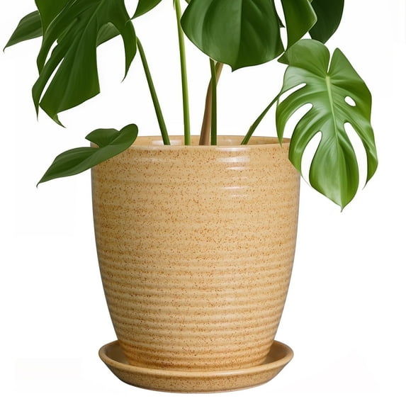 8 inch Ceramic Flower Pot, Modern Round Ribbed Planter with Drainage Tray for for Succulents & Live Houseplants, Glossy Yellow