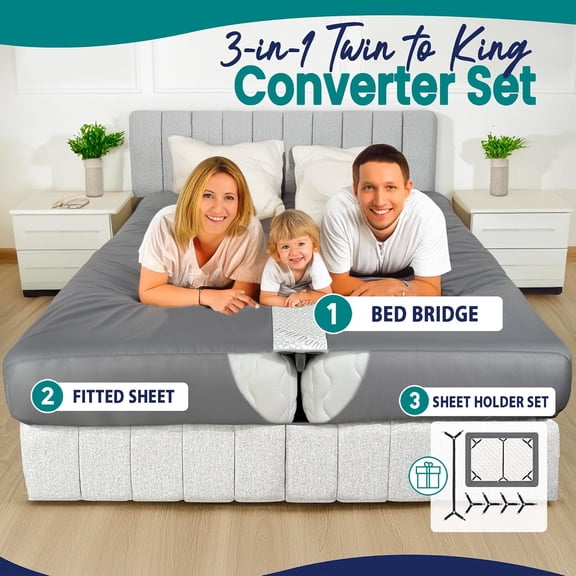 EPHEDORA 3-in-1 Fitted Sheet Attached Bed Bridge Twin (XL) to King Converter Kit with Sheet Strap Set | Split King Gap Filler for Adjustable Bed | Grey