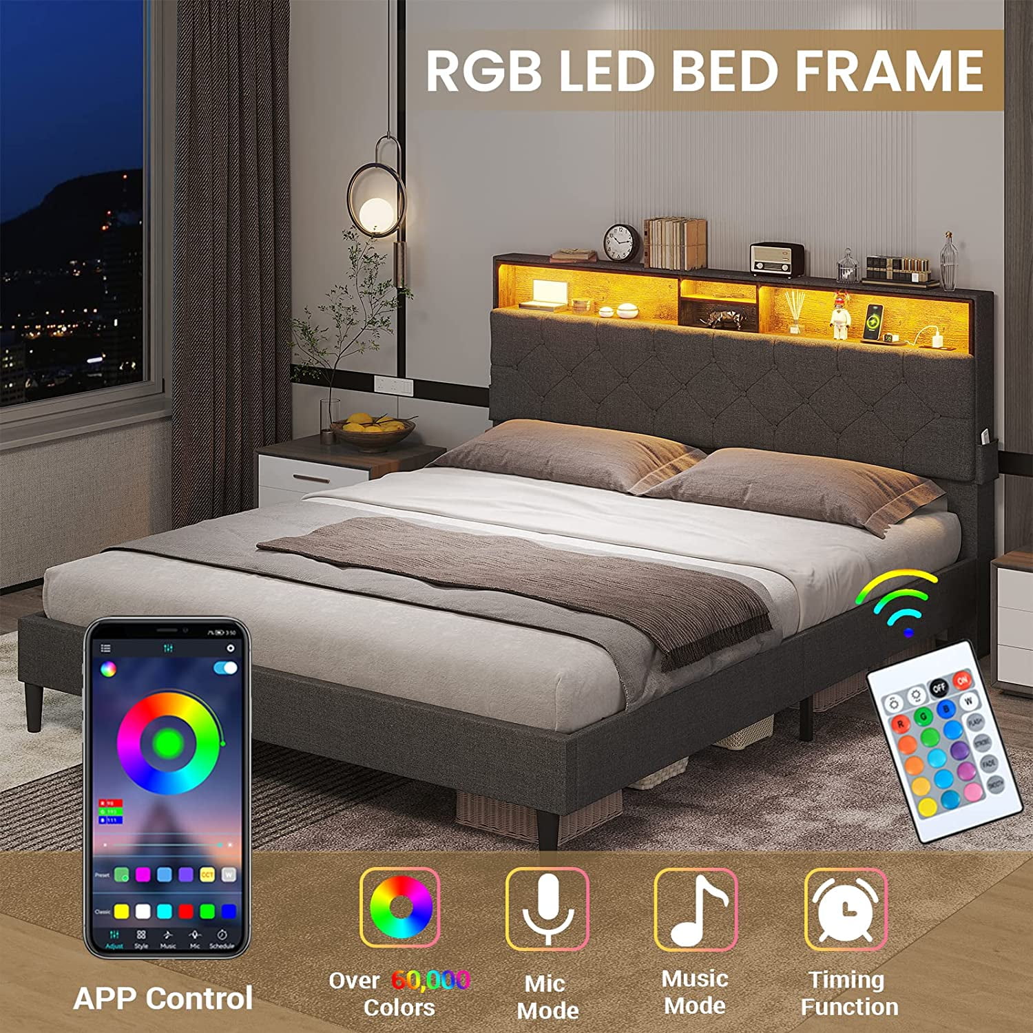 Weiplehoom Full Bed Frame with LED Lights Headboard and Storage