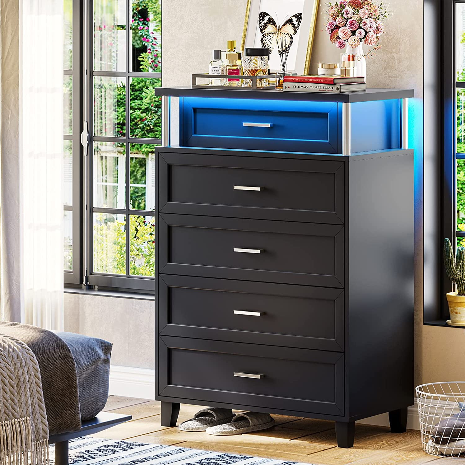 Weiplehoom LED Chest of Drawers, Tall Dresser for Bedroom with 5