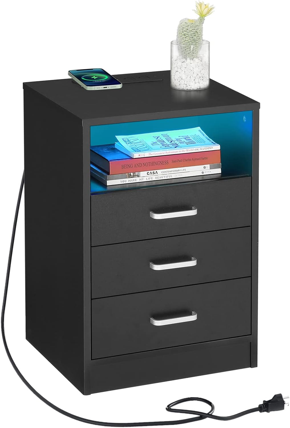 EPHEX LED Nightstand 3 Drawers with Wireless Charging Station, Night