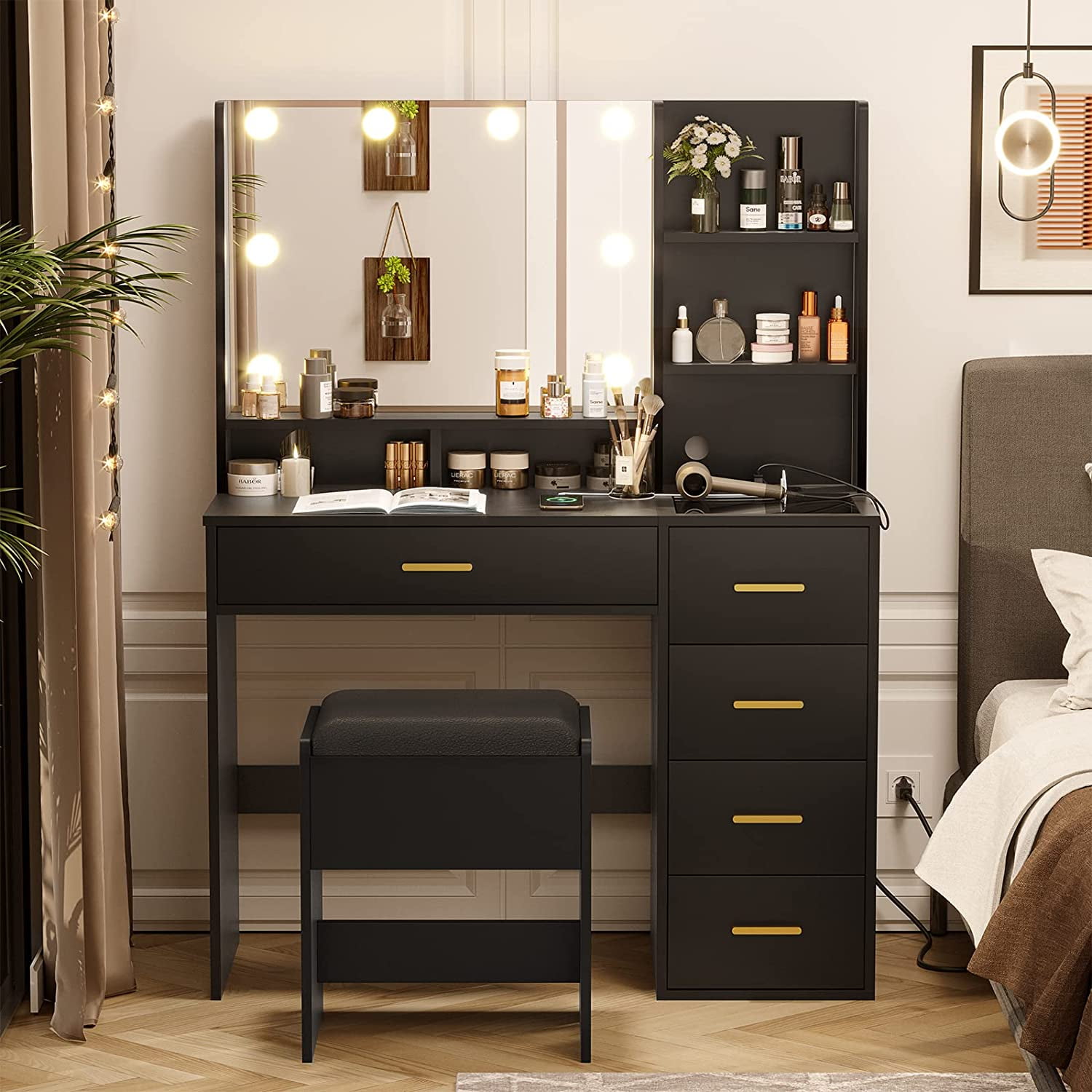 EPHEX Makeup Vanity Set with Lights and Charging Station, Vanity Desk