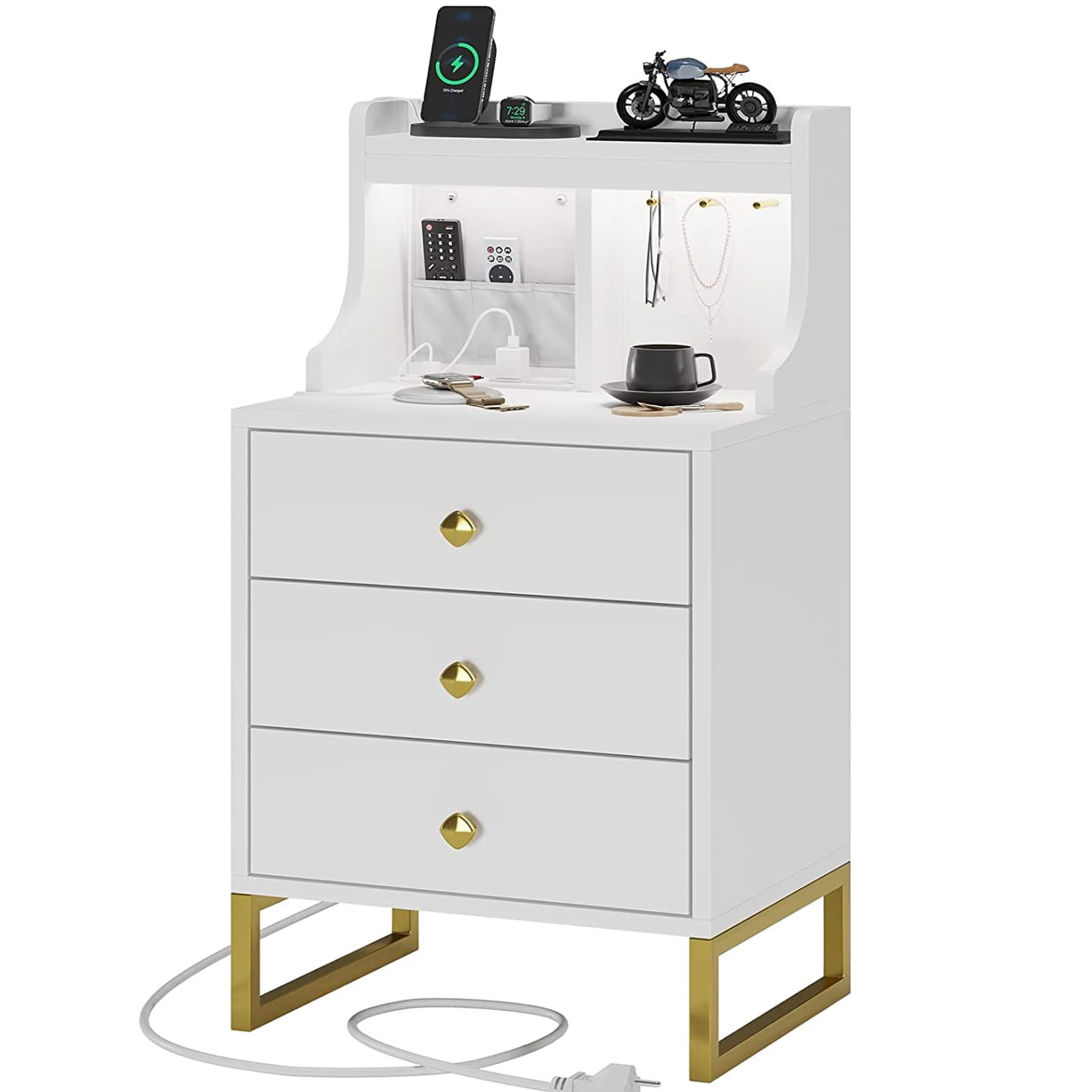 EPHEX Nightstand with Charging Station 3 Drawers, Bedside Table with