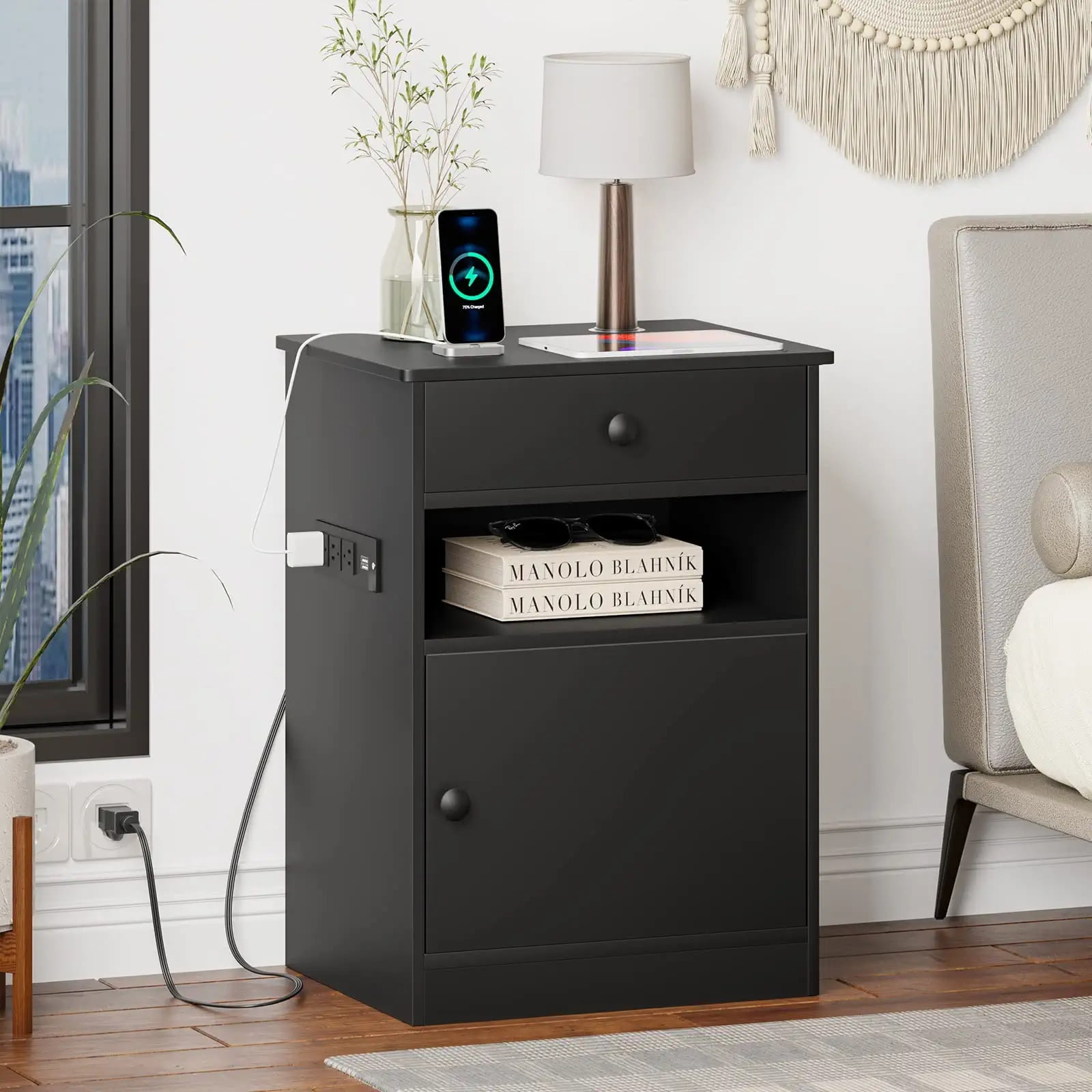 EPHEX Nightstand with Charging Station and USB Ports, Bedside Table