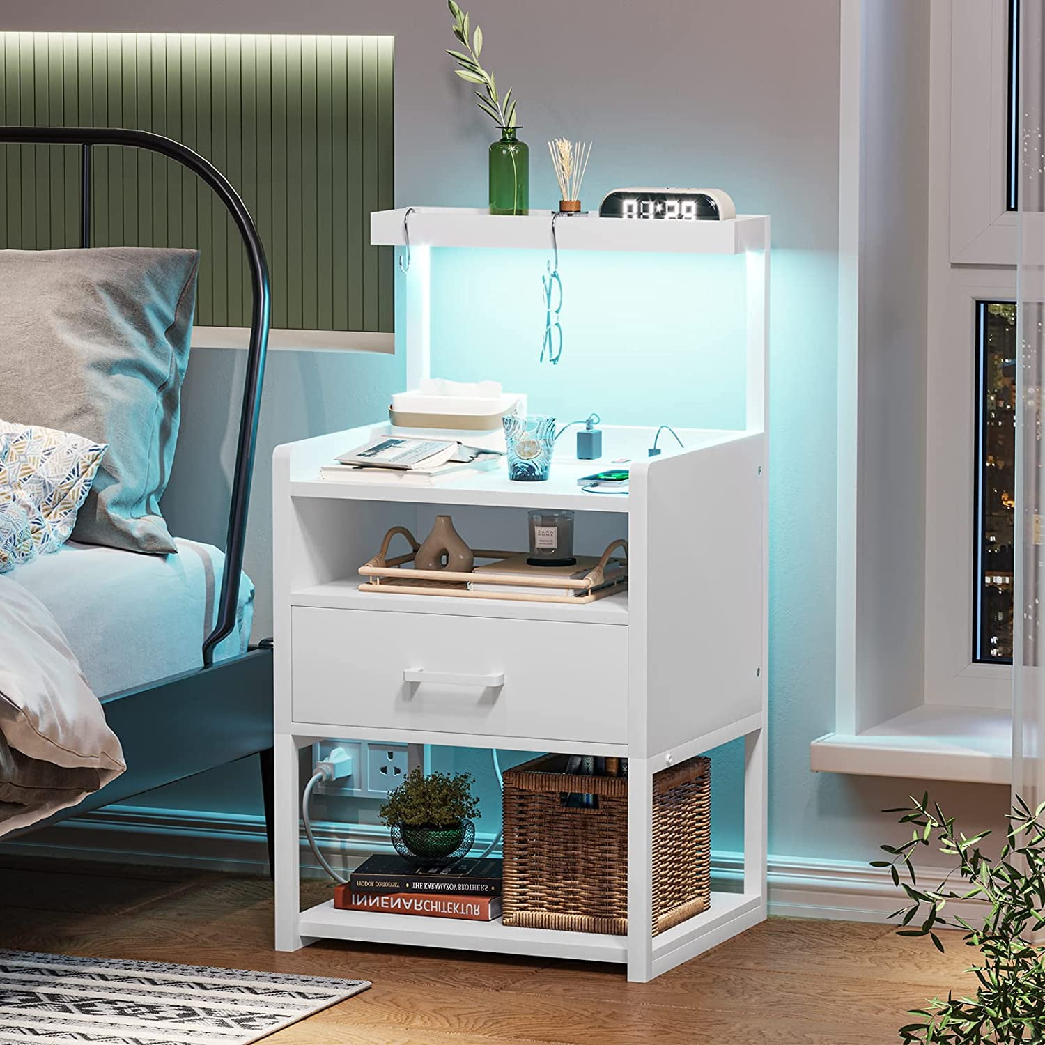 EPHEX Nightstand with Charging Station and USB Ports, LED Bedside Table