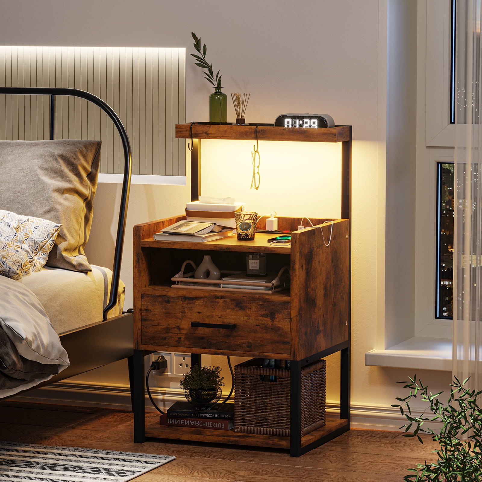 EPHEX Nightstand with Charging Station and USB Ports LED Bedside Table