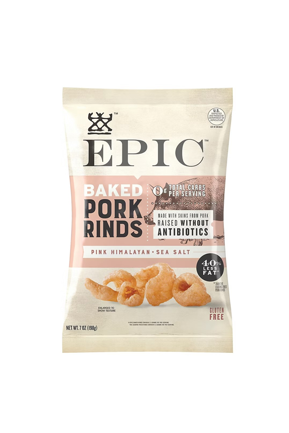 BAKED PORK RINDS PINK HIMALAYAN SEA SALT 7 OZ MADE WITH SKINS FROM PORK RAISED WITHOUT ANTIBOTICS GLUTEEN FREE