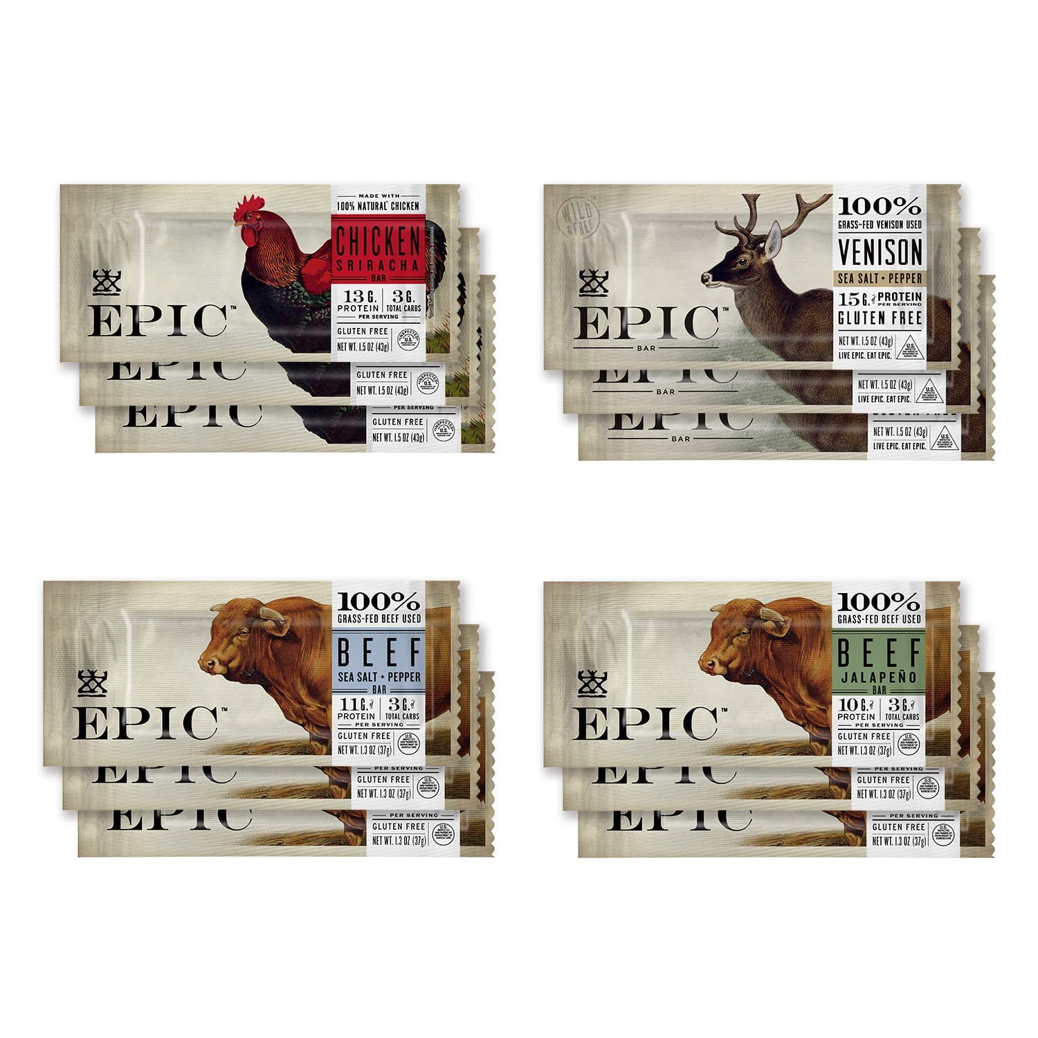 EPIC Bars, Variety Pack (Chicken, Beef, Venison), Keto-Friendly, 12 Bars
