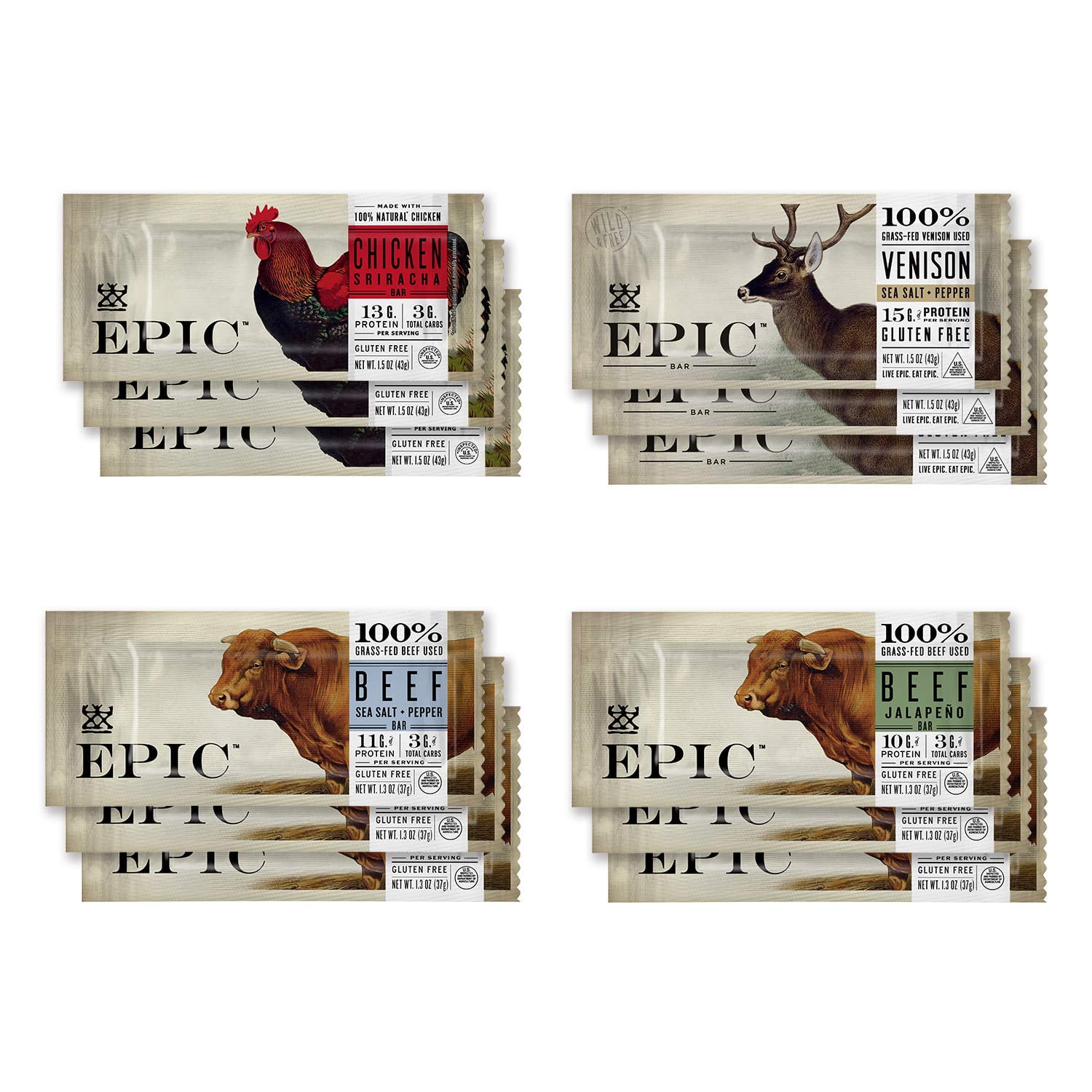 EPIC Bars, Variety Pack (Chicken, Beef, Venison), KetoFriendly, 12