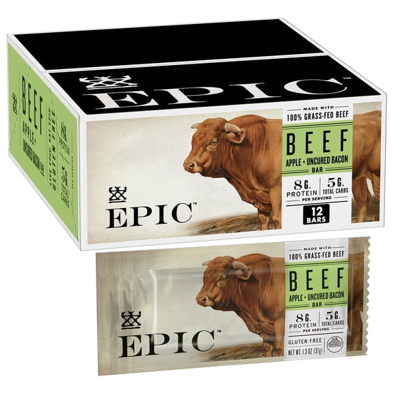 EPIC Beef Uncured Bacon and Apple Bars, Whole 30, Paleo Friendly, Protein Snacks, 12 Ct, 15.6 oz