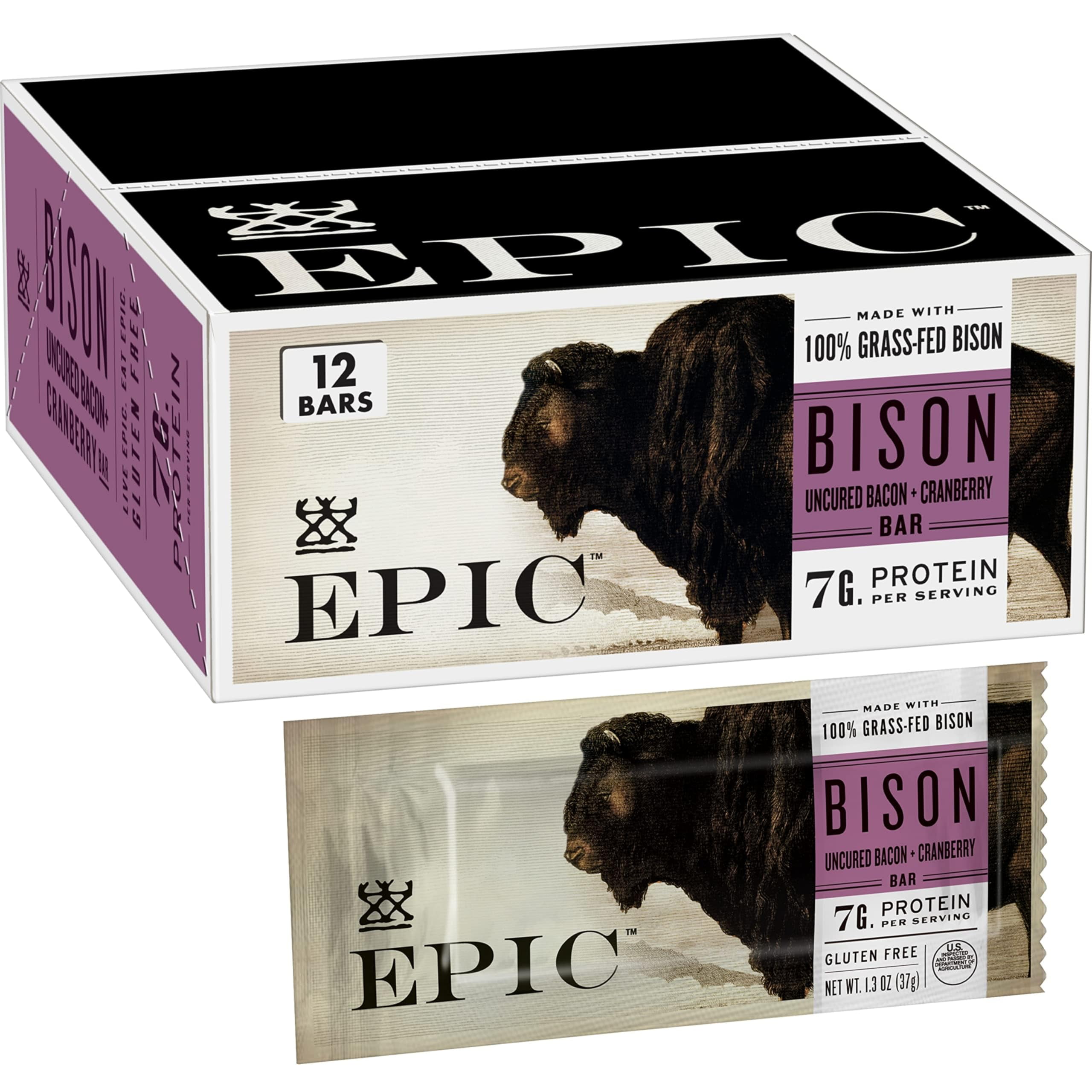 EPIC Bison Uncured Bacon and Cranberry Bars, Grass-Fed, Protein Bar, 12 Count, 15.6 oz
