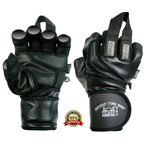 EPIC Leather Gym Gloves with Built in 2" Wide Wrist Wraps Best Grip & Design for WeightLifting Power Lifting Bodybuilding & Strength Training Workout Exercises