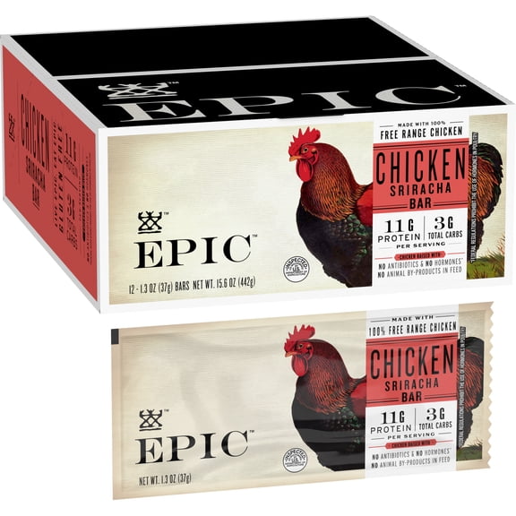 EPIC Chicken Sriracha Bars, Keto and Paleo Friendly, Whole30 Approved, 12 Ct, 15.6 oz