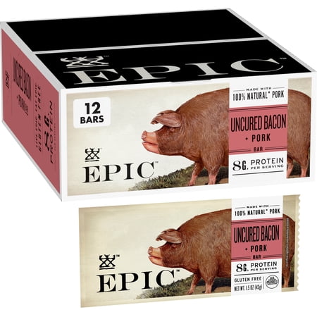 EPIC Uncured Bacon and Pork Bars, Paleo Friendly, Protein Snacks, 12 Count, 18 oz