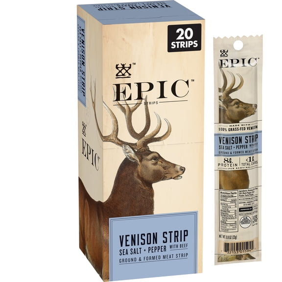 EPIC Venison Strips with Beef, Sea Salt and Pepper, Keto Friendly, Whole 30, 20 Count, 16 oz