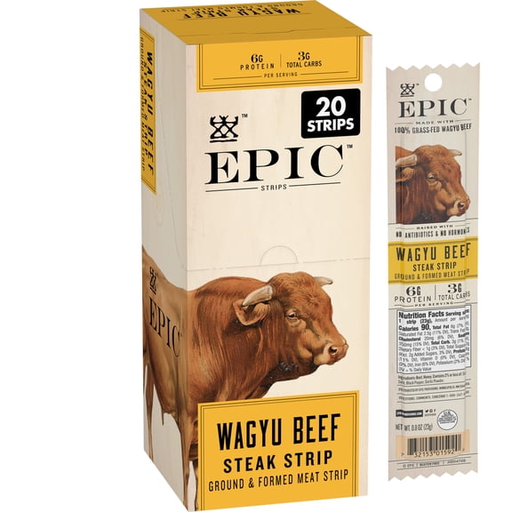 EPIC Wagyu Beef Steak Strips, Grass-Fed and Paleo Friendly Snacks, 20 Count, 16 oz