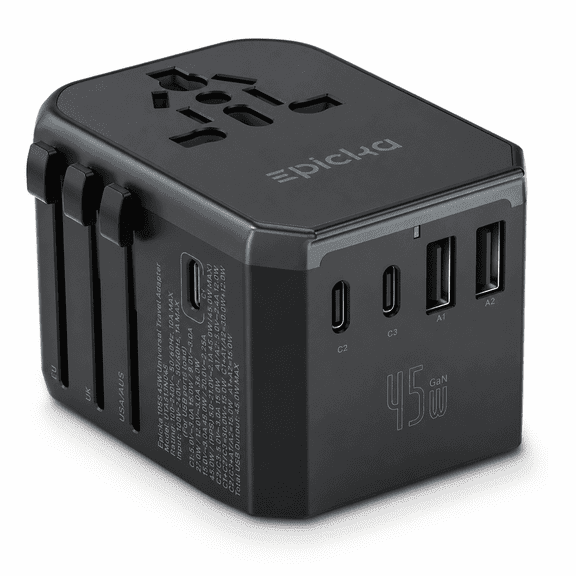 EPICKA GaN 45W Universal Travel Adapter EU Travel Plug PD&QC Fast Charging Power Adapter (105S, Black)