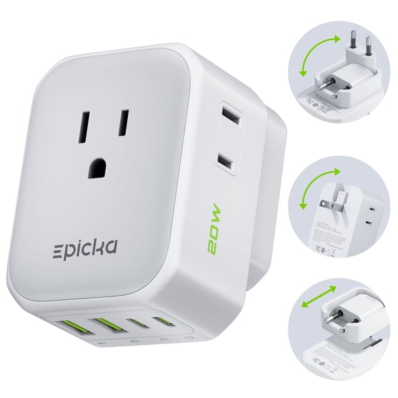 EPICKA Hybrid European Travel Plug Adapter Type C VisaPlug 8-IN-1 International Power Adapter,White