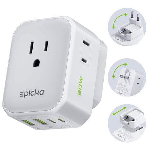 EPICKA Hybrid European Travel Plug Adapter Type C VisaPlug 8-IN-1 International Power Adapter,White