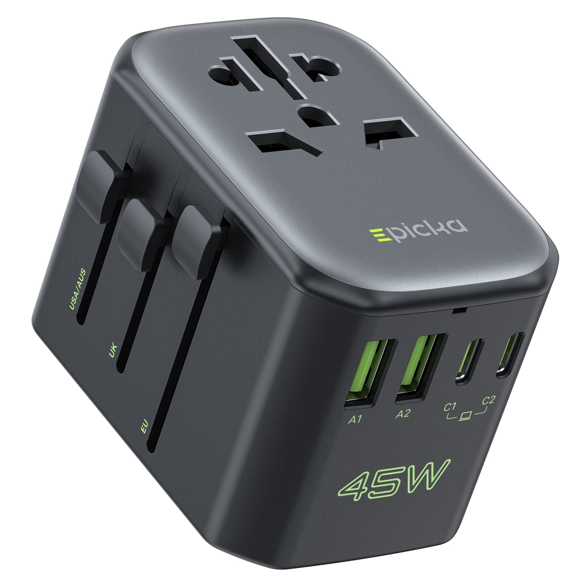EPICKA Pulse 45W European Travel Plug Adapter, Universal Power Adapter with PD Fast Charging(Black)
