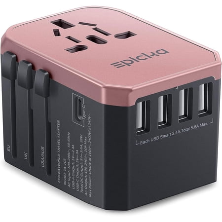 EPICKA Universal Travel Adapter, European Travel Plug Adapter - International Power Adapter Worldwide Charger with USB-C & 4 USB-A Ports, Travel Essentials for Italy, UK, Japan (TA-105, Rose Gold)