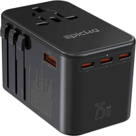 EPICKA Universal Travel Adapter, GaN 75W International Plug Adapter with 3 USB-C & 2 USB-A, All-in-one Wall Charger for EU UK AUS USA (TA-105M)