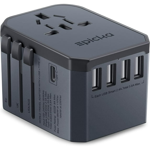 EPICKA Universal Travel Adapter One International Wall Charger AC Plug Adaptor with 3.0A USB Type-C for USA EU UK (TA-105, Spacegrey)