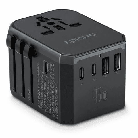 EPICKA Universal Travel Adapter with 45W GaN PD & QC Fast Charging, International Power Adapter, European Travel Plug Adapter (105S, Black)