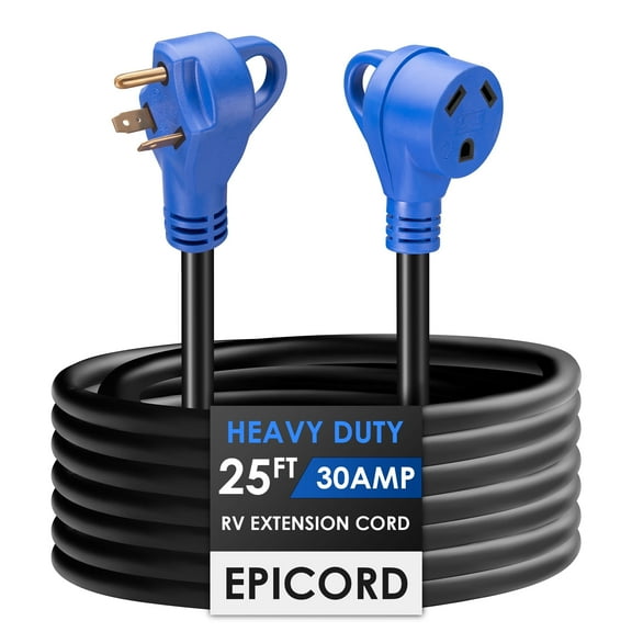 EPICORD 25Ft 30Amp RV Extension PVC Cord with Polarity LED Light 10/3 Gauge-Blue